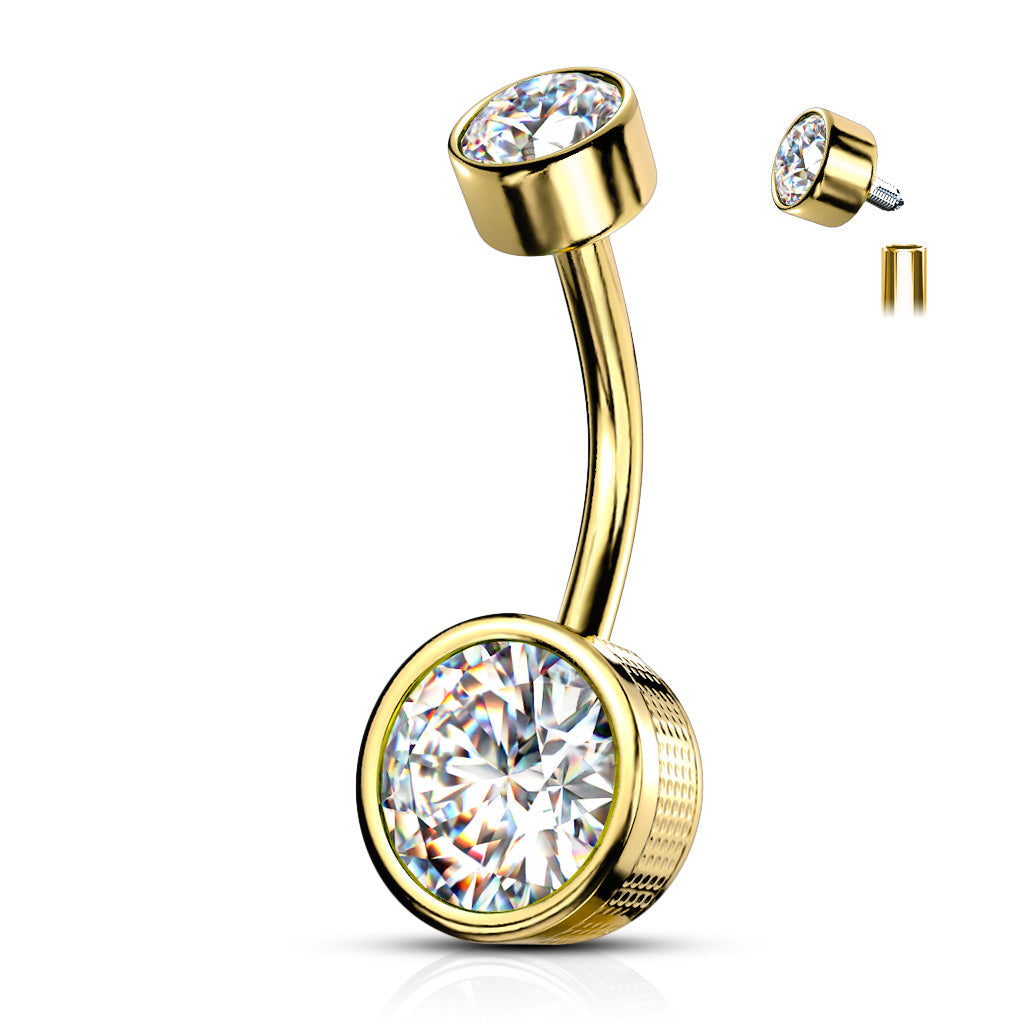 Surgical Steel Round Stamped Bezel CZ Internally Threaded Belly Banana