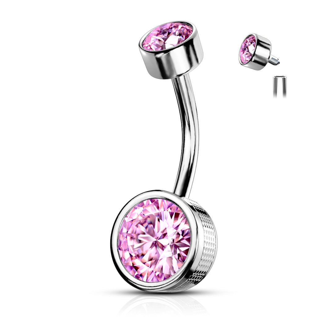 Surgical Steel Round Stamped Bezel CZ Internally Threaded Belly Banana