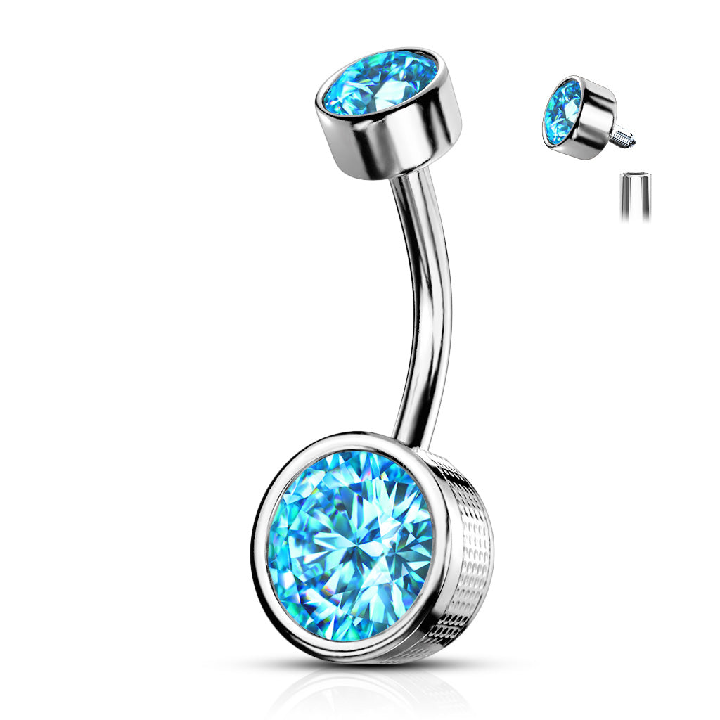 Surgical Steel Round Stamped Bezel CZ Internally Threaded Belly Banana