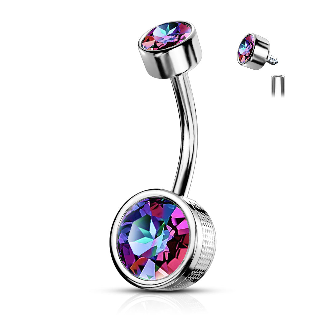 Surgical Steel Round Stamped Bezel CZ Internally Threaded Belly Banana