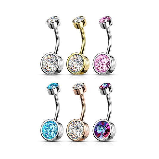 Surgical Steel Round Stamped Bezel CZ Internally Threaded Belly Banana