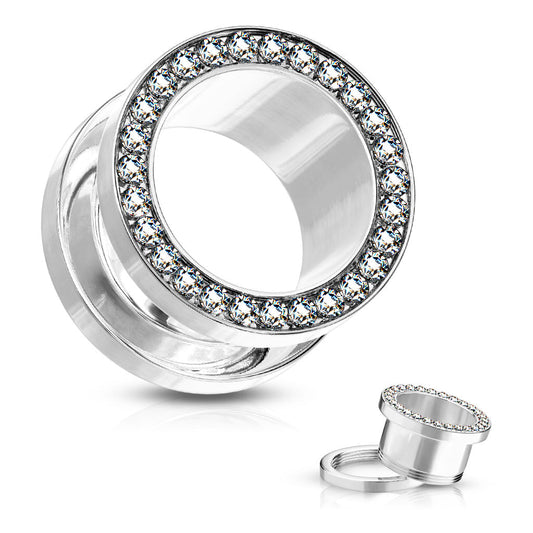 CZ Lined Rim Surgical Steel Screw Fit Flesh Tunnel