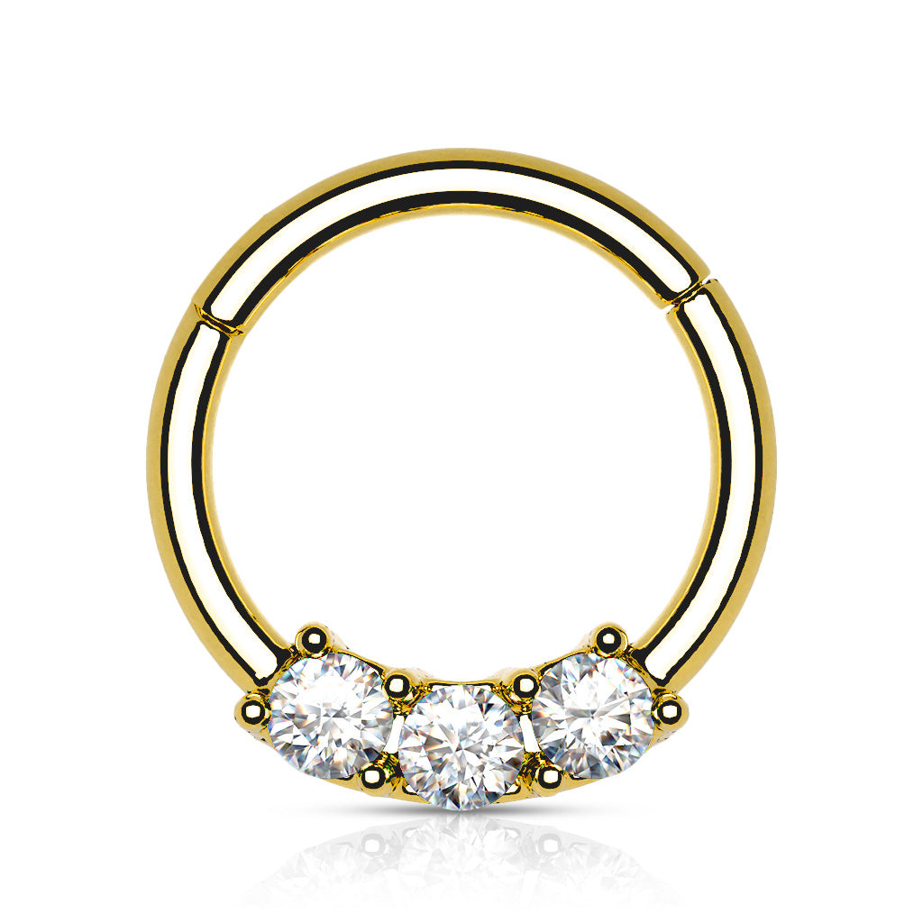 Surgical Steel Hinged Ring with Front Facing Prong Clasp 3 Gems