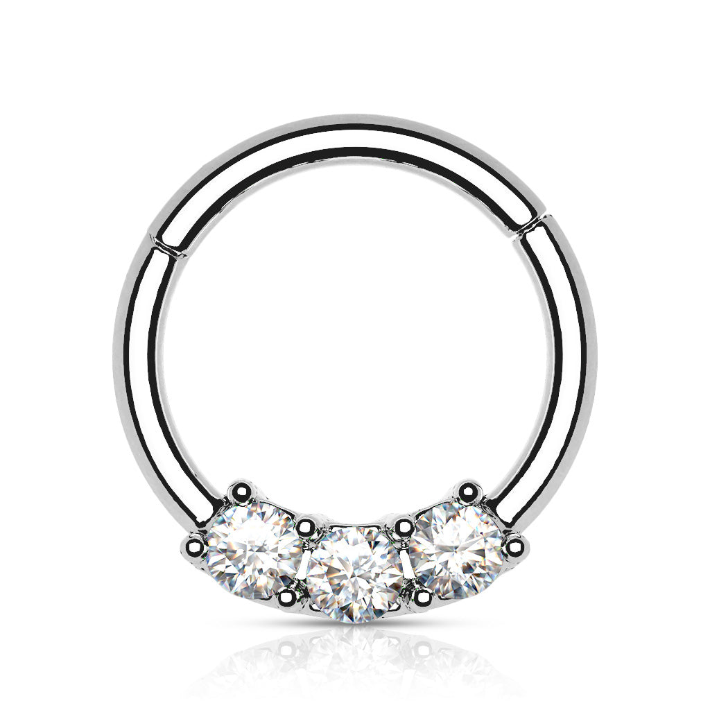 Surgical Steel Hinged Ring with Front Facing Prong Clasp 3 Gems