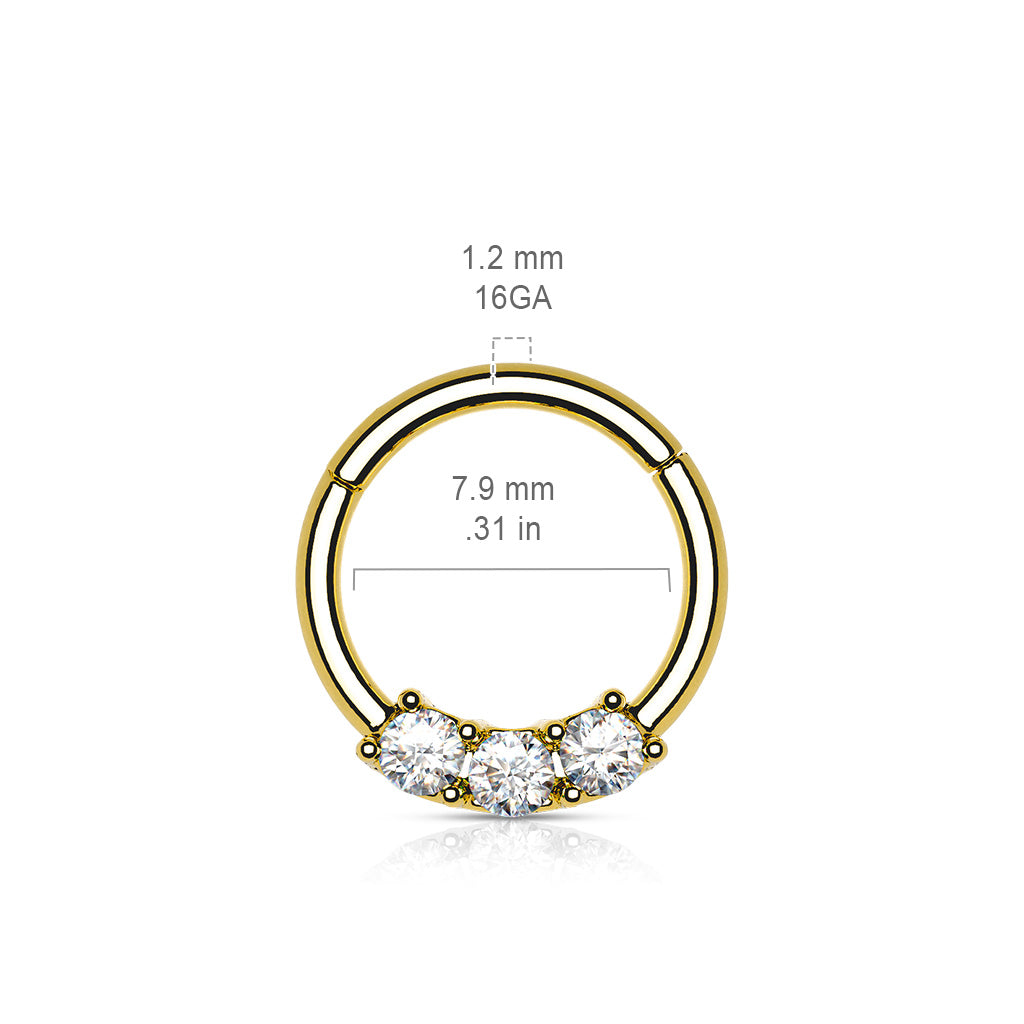 Surgical Steel Hinged Ring with Front Facing Prong Clasp 3 Gems