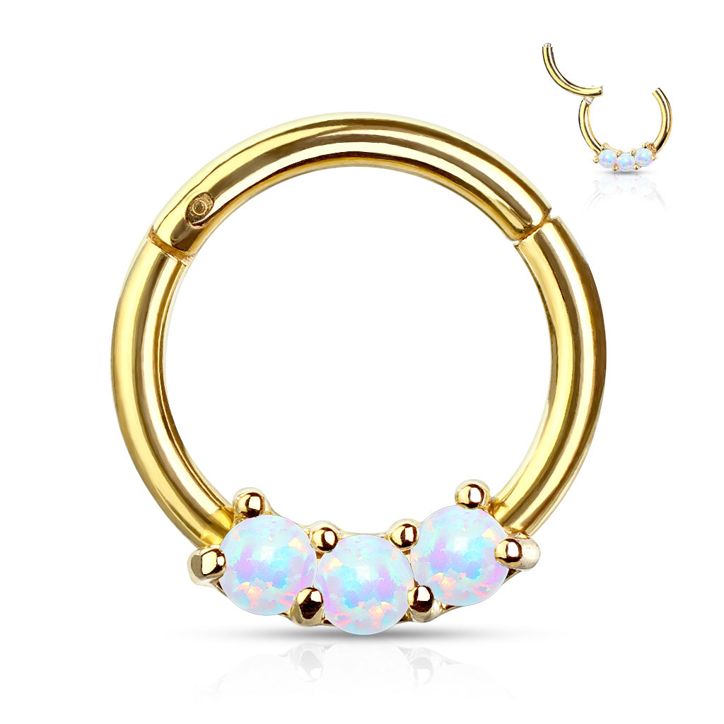 Surgical Steel Hinged Ring with Front Facing Prong Clasp 3 Opals