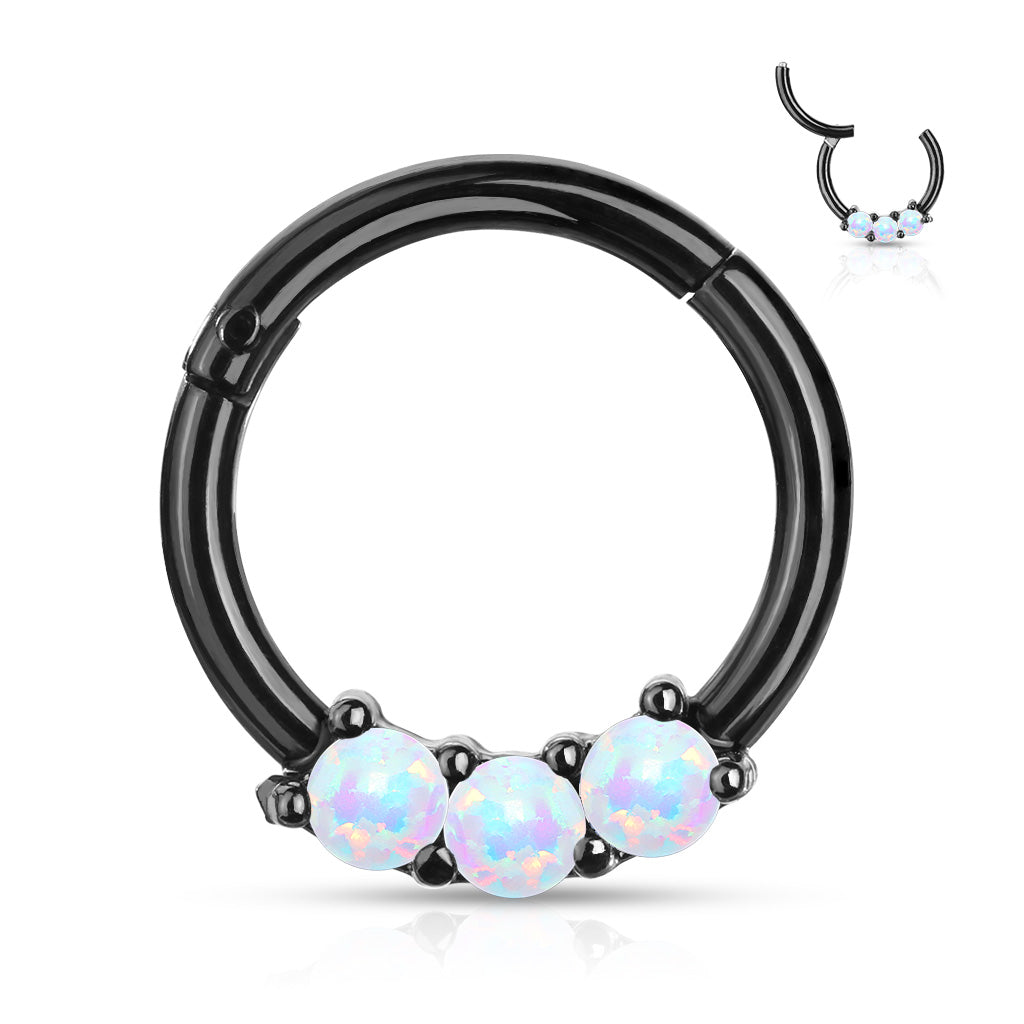 Surgical Steel Hinged Ring with Front Facing Prong Clasp 3 Opals
