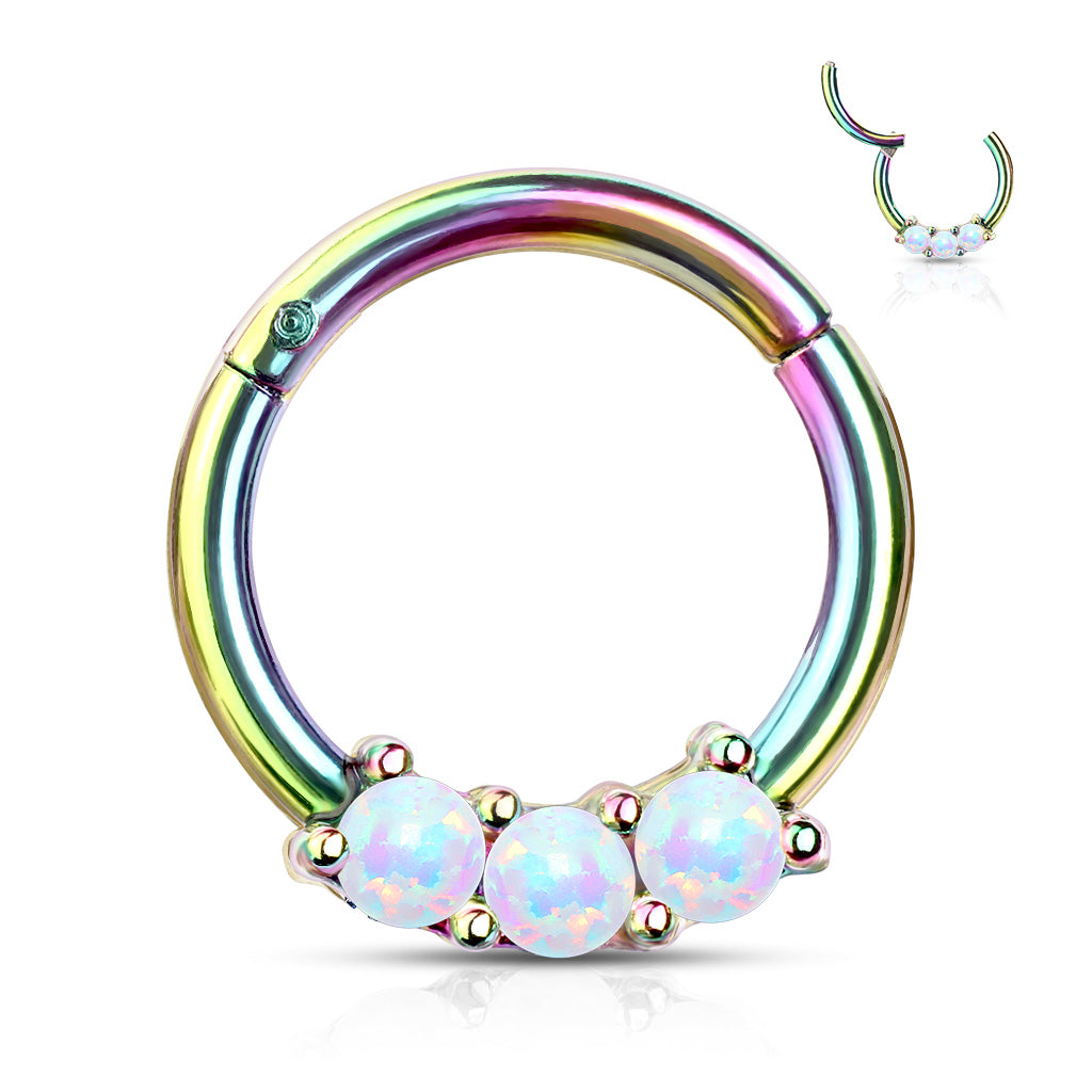 Surgical Steel Hinged Ring with Front Facing Prong Clasp 3 Opals