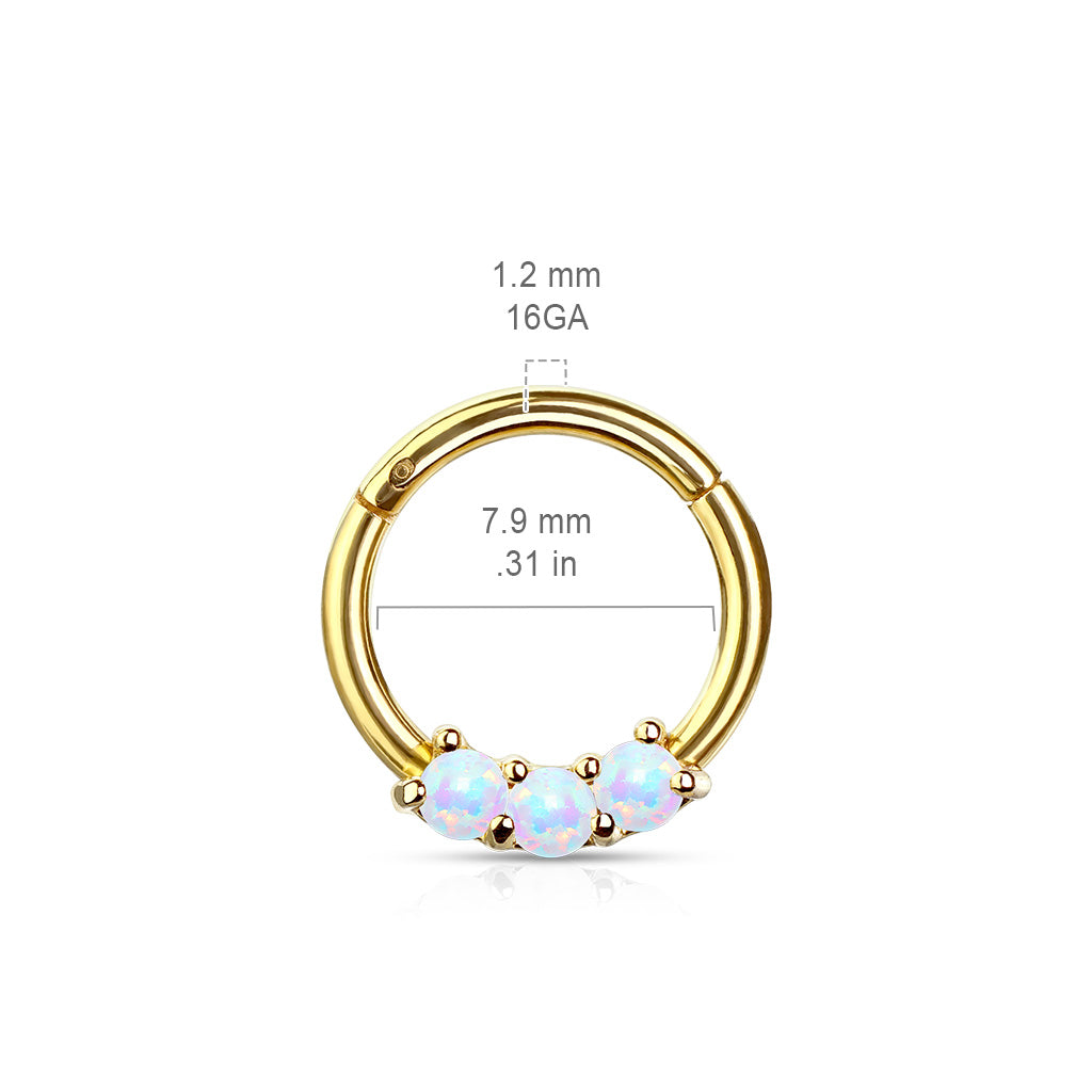 Surgical Steel Hinged Ring with Front Facing Prong Clasp 3 Opals