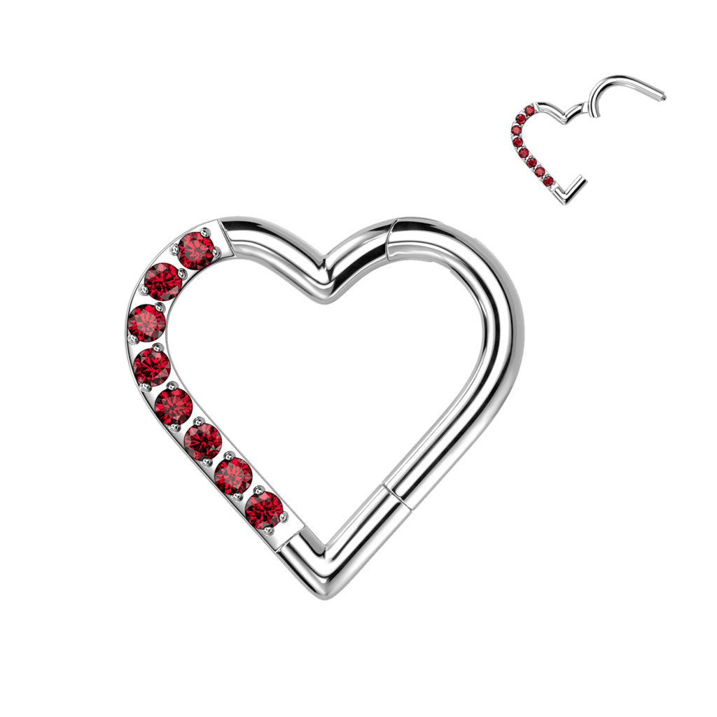Titanium Hinged Half Paved Heart Ring with Gems for Left and Right Ear