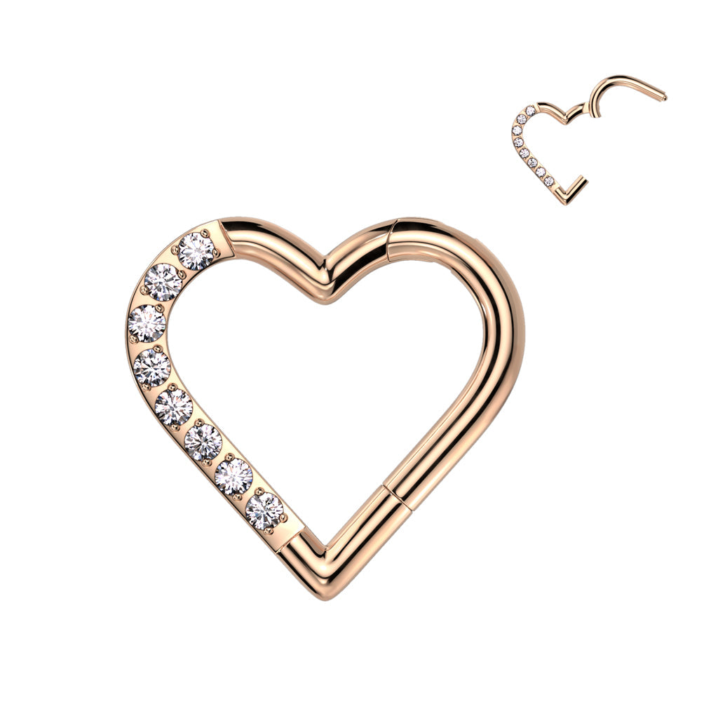 Titanium Hinged Half Paved Heart Ring with Gems for Left and Right Ear