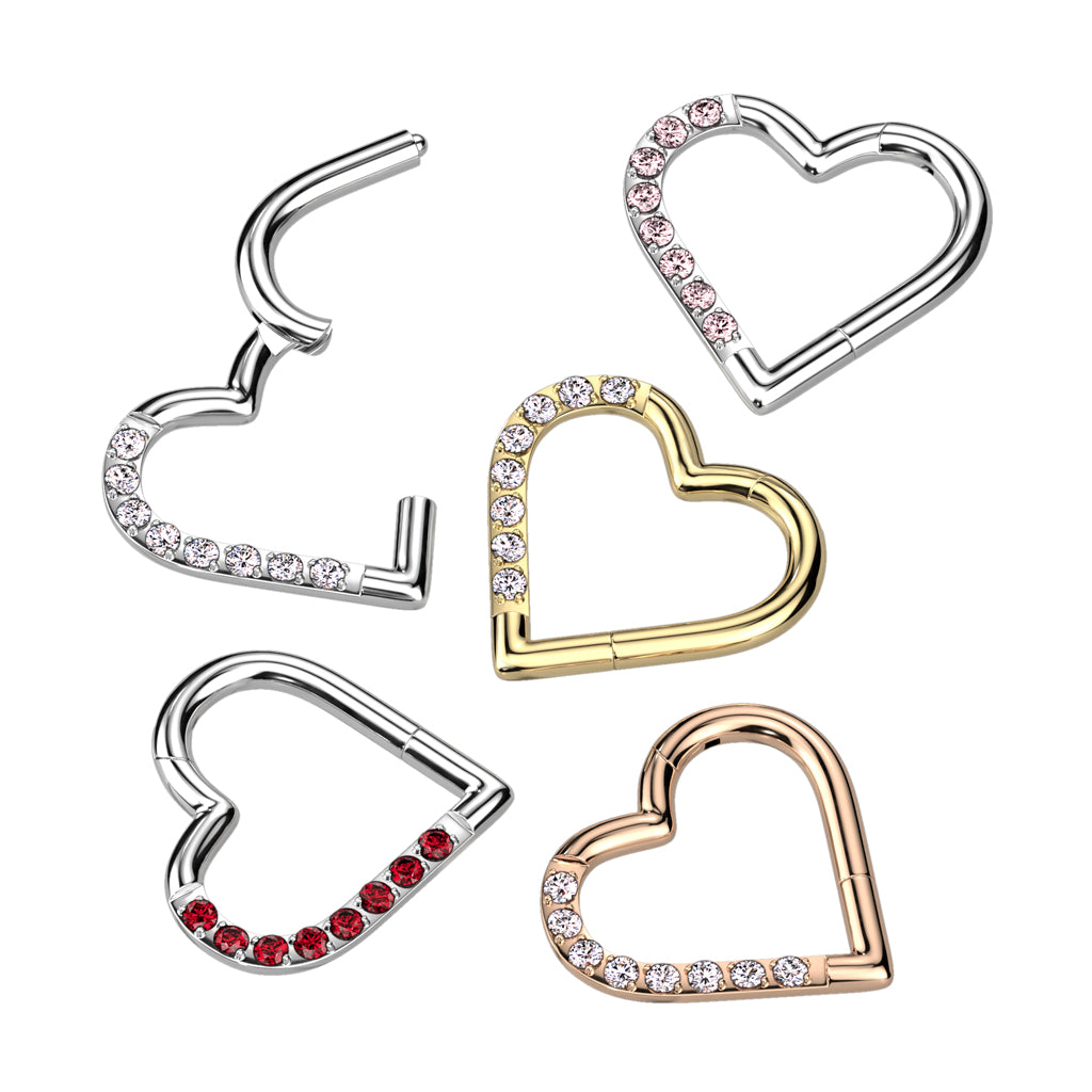 Titanium Hinged Half Paved Heart Ring with Gems for Left and Right Ear