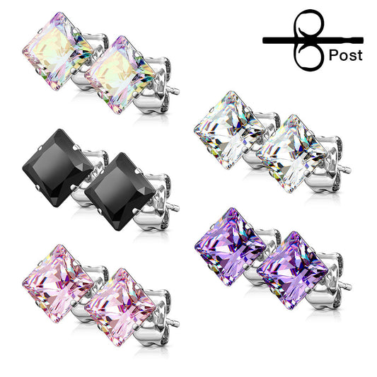 Surgical Steel Square CZ Prong Earrings