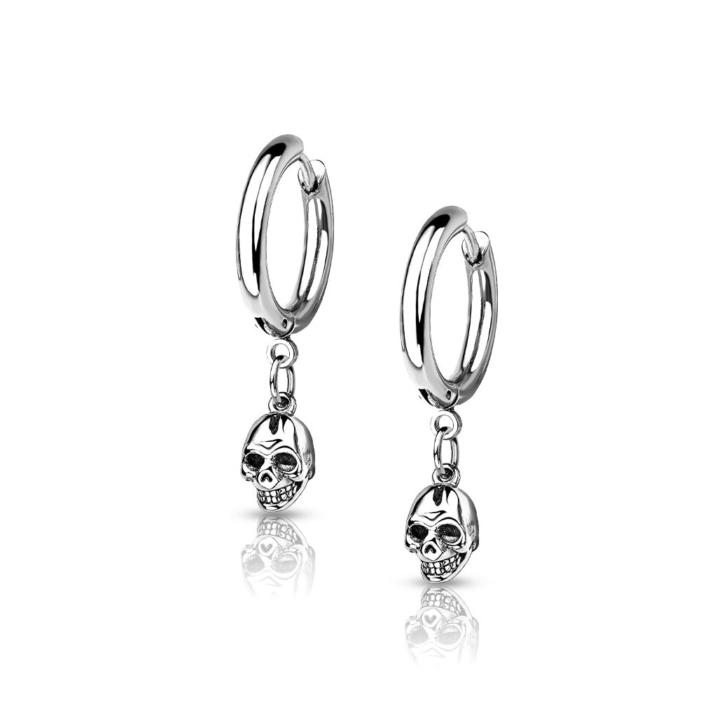 Surgical Steel Hoop Earrings with Skull Dangle