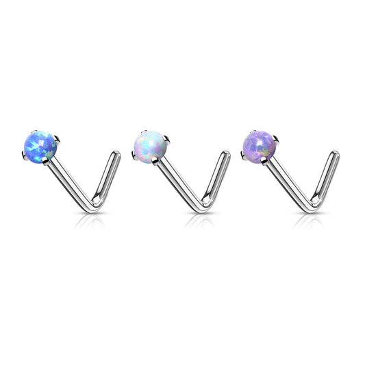 L Bend Surgical Steel Nostril Stud with Prong Set Opal