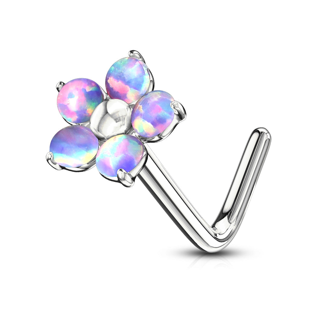 L Bend Surgical Steel Nostril Stud with 5 Petal Opal Flower