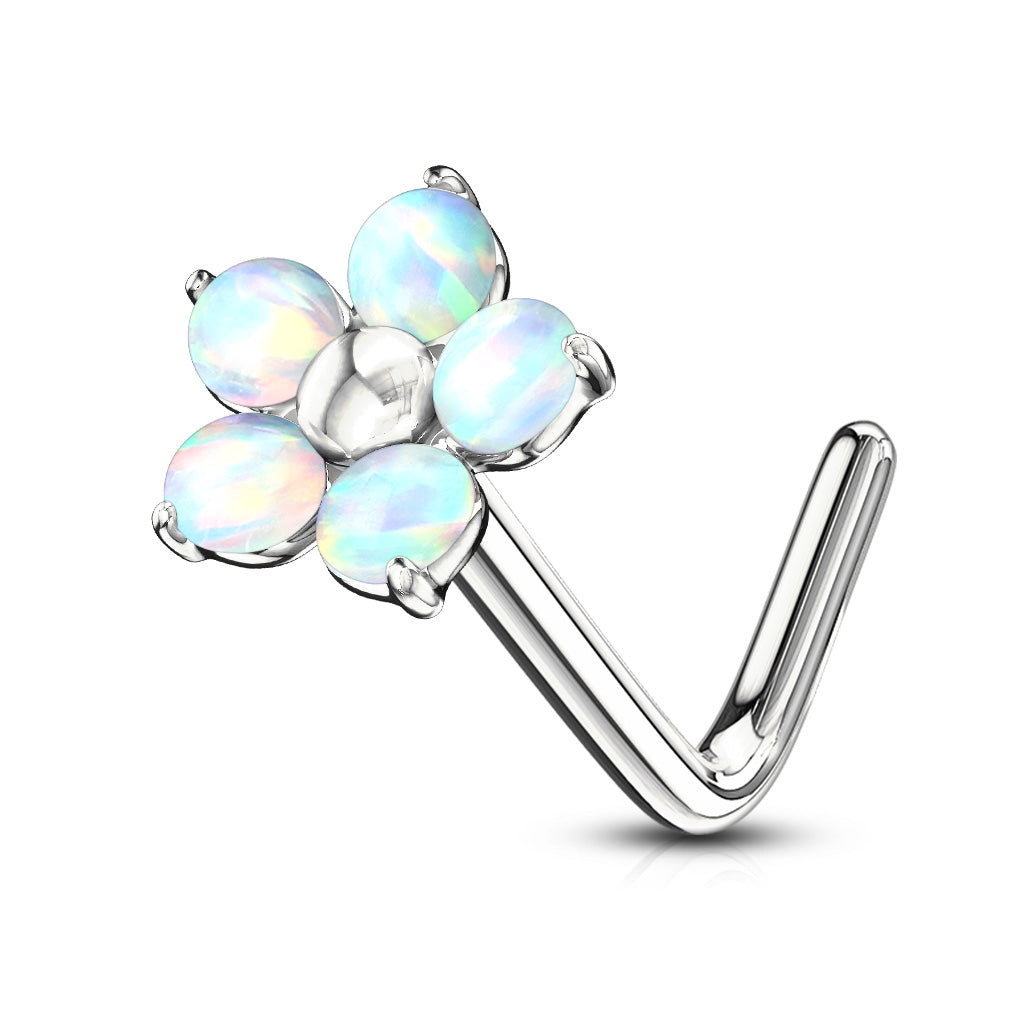 L Bend Surgical Steel Nostril Stud with 5 Petal Opal Flower
