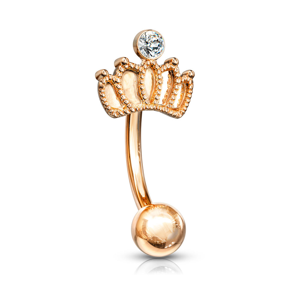 Surgical Steel Curved Barbell with Crown Crystal Feature External Thread
