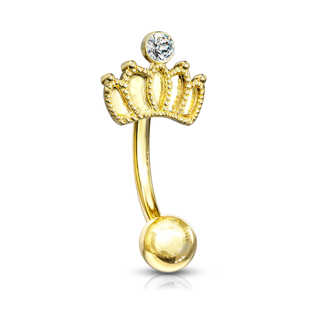 Surgical Steel Curved Barbell with Crown Crystal Feature External Thread