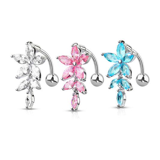 Belly Banana Surgical Steel Marquise CZ Flower & Vine Top Down External Thread