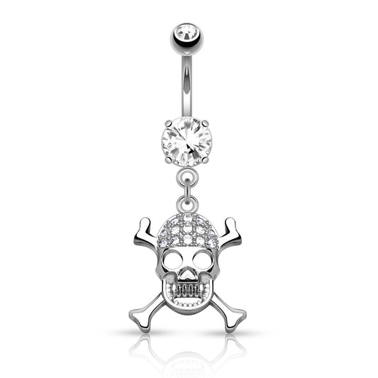 CZ Paved Skull with Cross Bones Dangle Surgical Steel Belly Banana