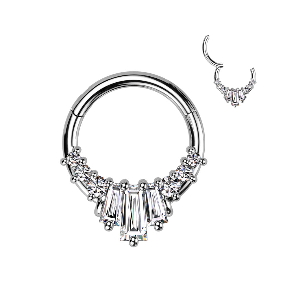 Surgical Steel Front Facing 3 Baguette CZ Fan with 3 Round CZ per side