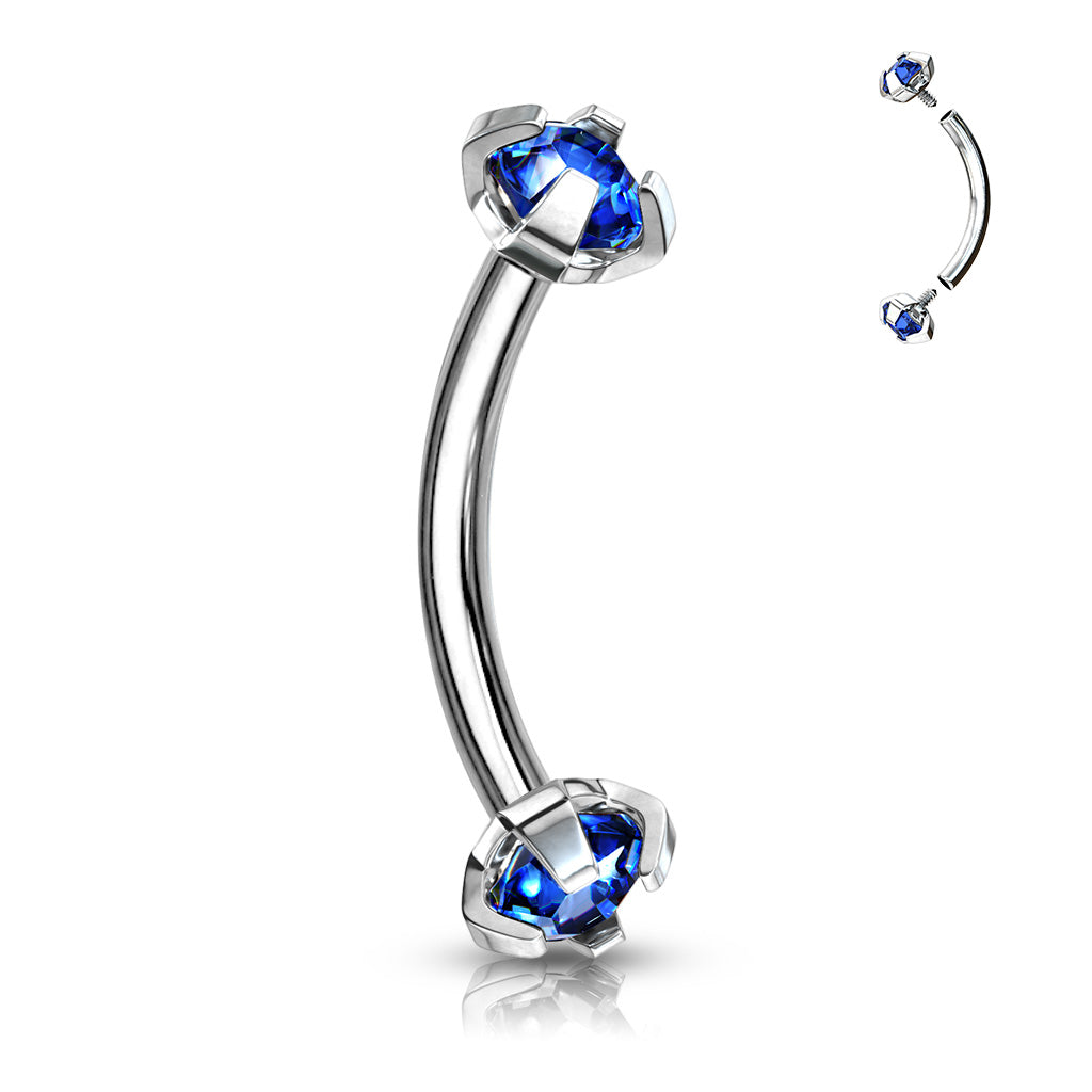 Surgical Steel Curved Barbells with Prong Gem Ends Internal Threading