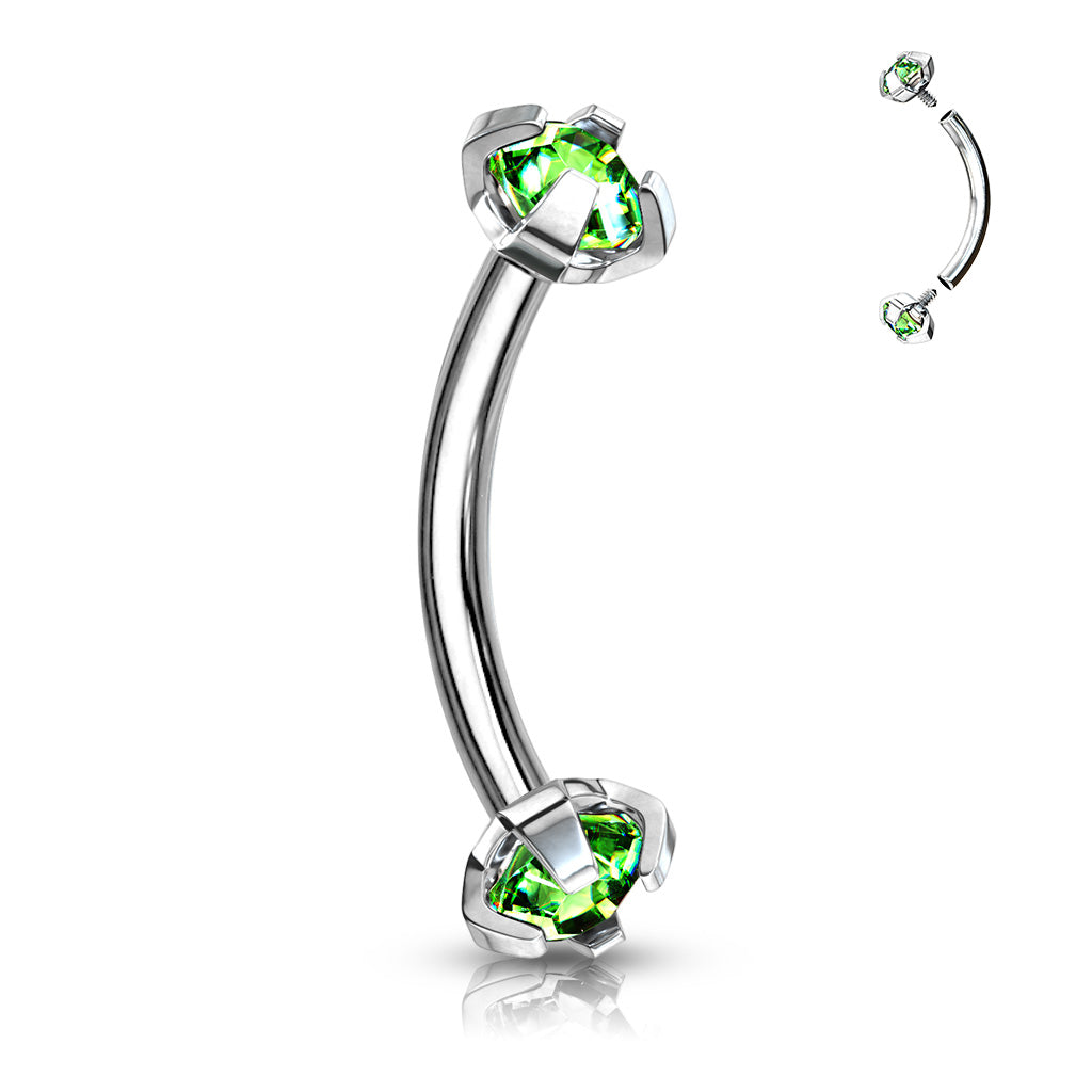 Surgical Steel Curved Barbells with Prong Gem Ends Internal Threading