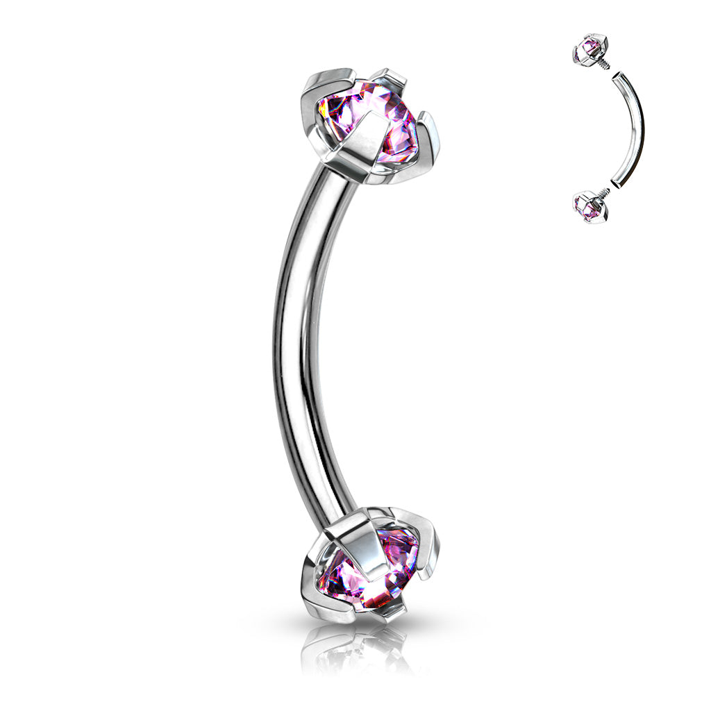 Surgical Steel Curved Barbells with Prong Gem Ends Internal Threading