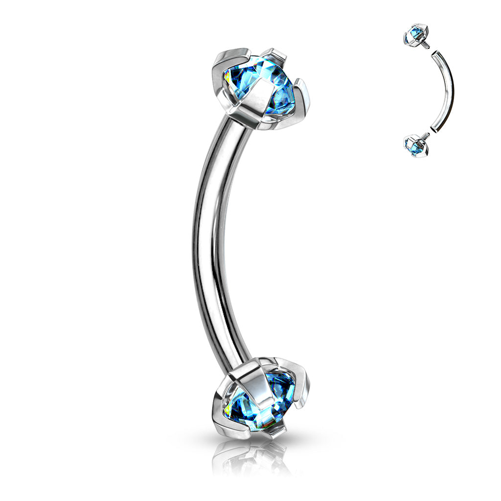 Surgical Steel Curved Barbells with Prong Gem Ends Internal Threading