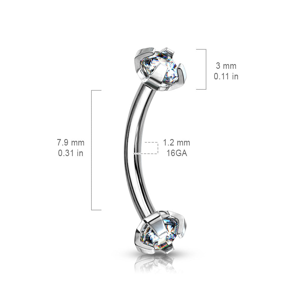 Surgical Steel Curved Barbells with Prong Gem Ends Internal Threading