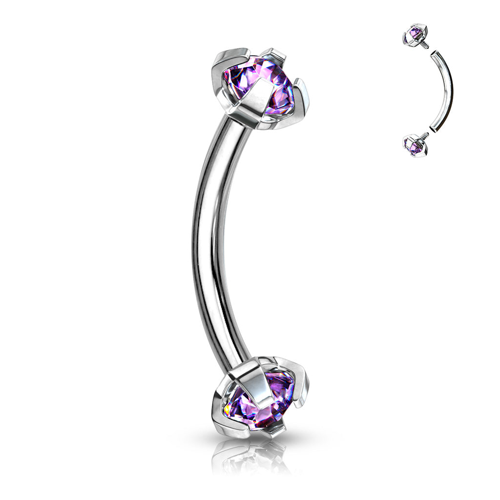 Surgical Steel Curved Barbells with Prong Gem Ends Internal Threading