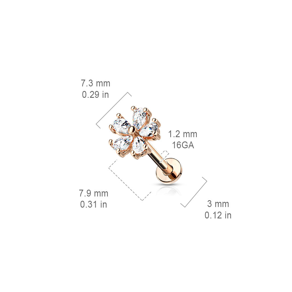 Internal Threaded Surgical Steel 5 CZ Petal Opened Flower Labret