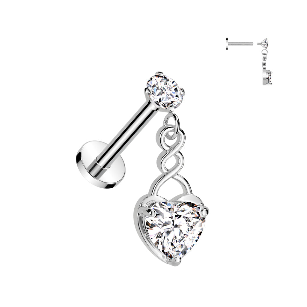 Surgical Steel Internally Threaded Prong Labret with Heart Dangle