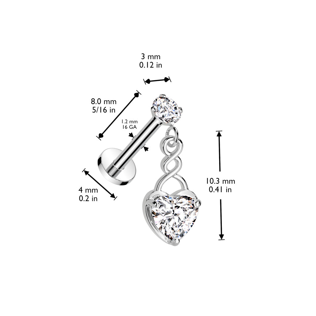 Surgical Steel Internally Threaded Prong Labret with Heart Dangle