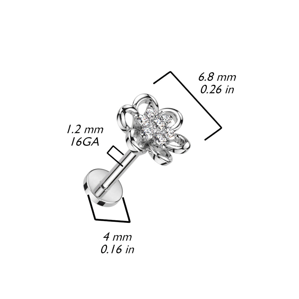 Surgical Steel Hollow Flower with CZ Center Internal Thread Labret