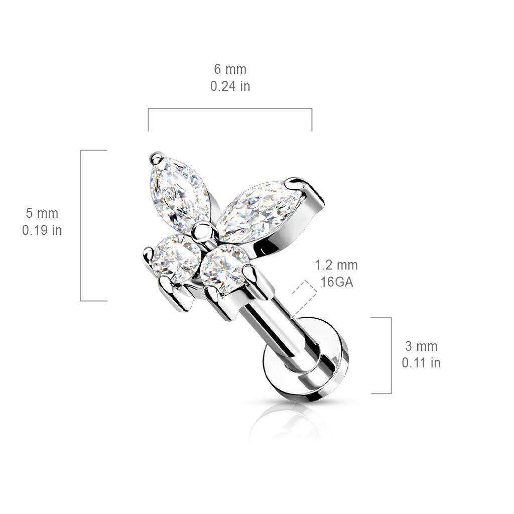 Surgical Steel CZ Simple Butterfly Internal Thread Labret