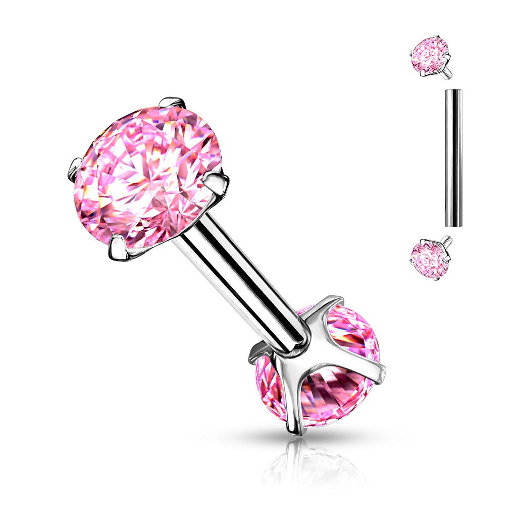 Surgical Steel Short Barbell with Internally Threaded CZ Prong Ends
