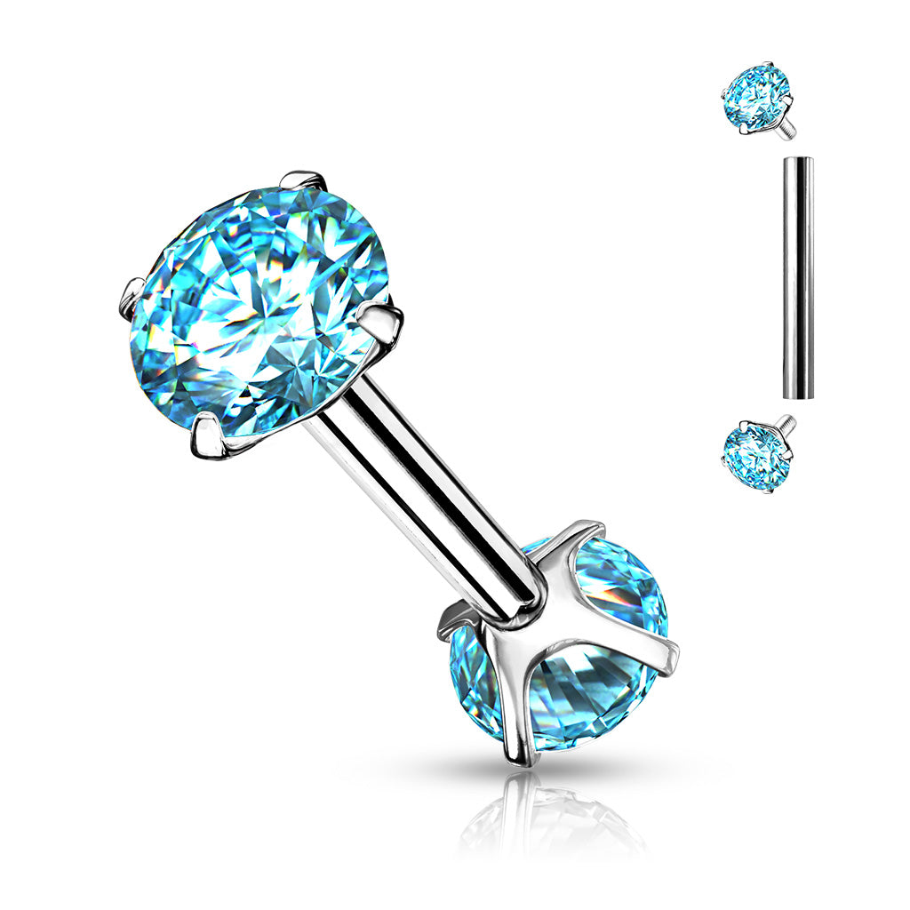 Surgical Steel Short Barbell with Internally Threaded CZ Prong Ends