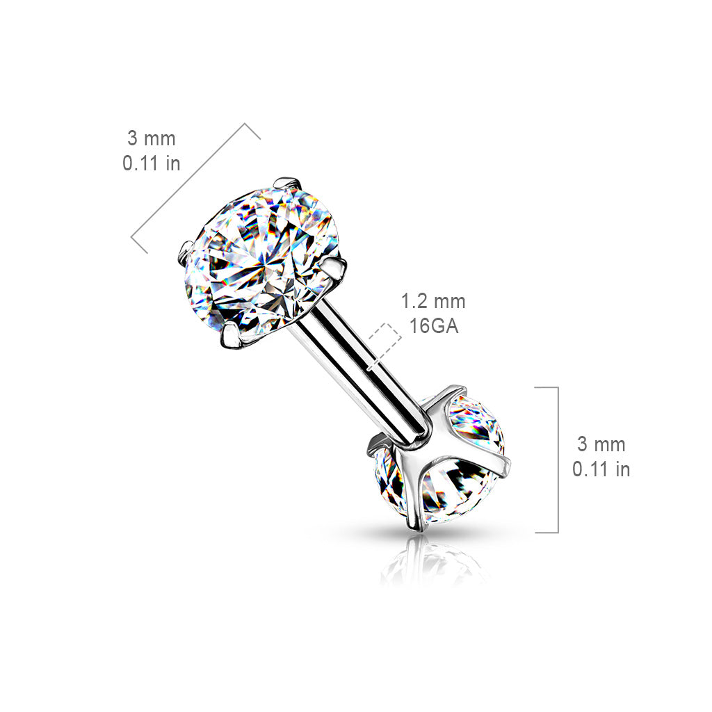 Surgical Steel Short Barbell with Internally Threaded CZ Prong Ends