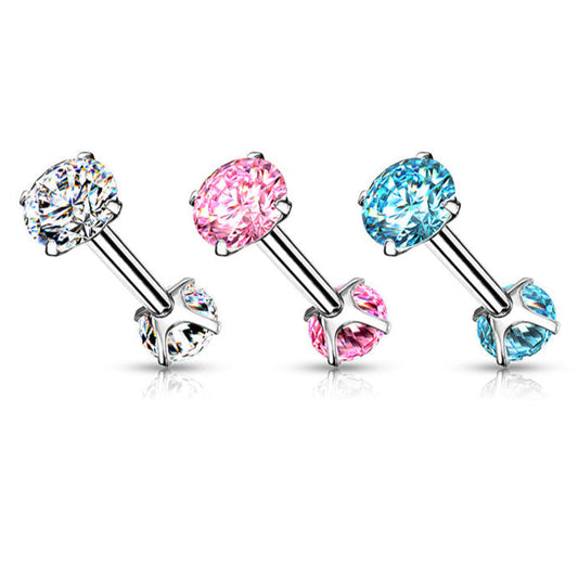 Surgical Steel Short Barbell with Internally Threaded CZ Prong Ends