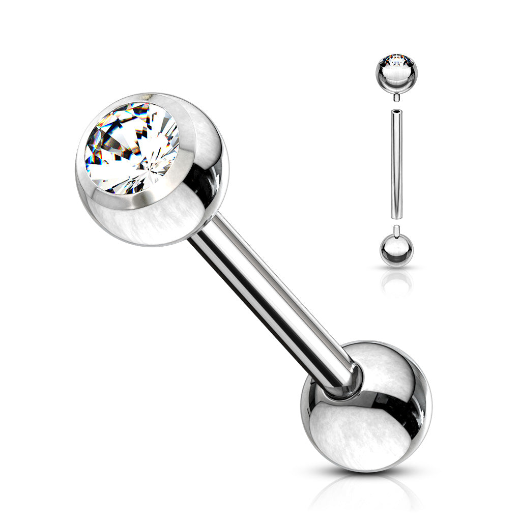 Surgical Steel Barbell with One Internally Threaded CZ Bezel End