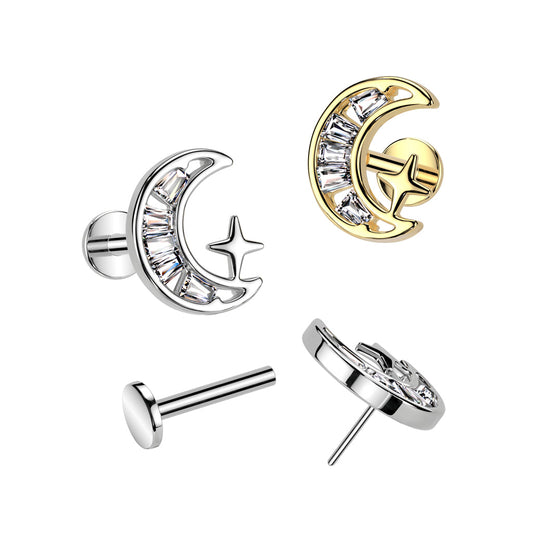 Surgical Steel Threadless with CZ Crescent Moon Top Labret Combo