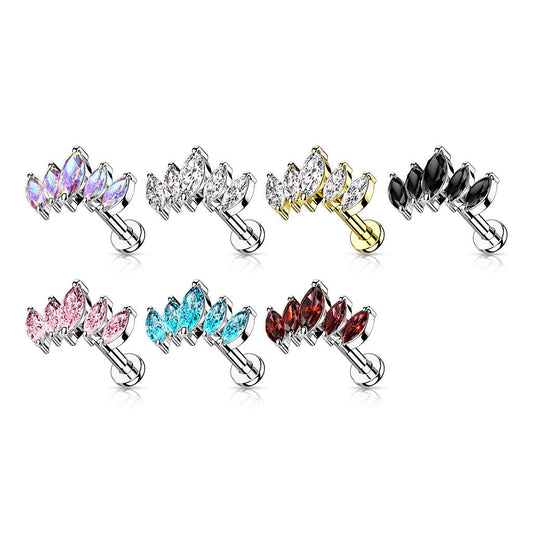 Surgical Steel 5 Marquise CZ Set Curve Design Threadless Labret Combo