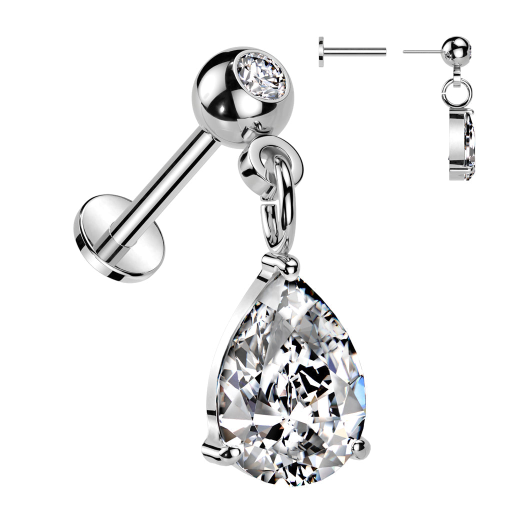 Surgical Steel Threadless CZ Stud with Pear CZ Dangle Top Labret Combo