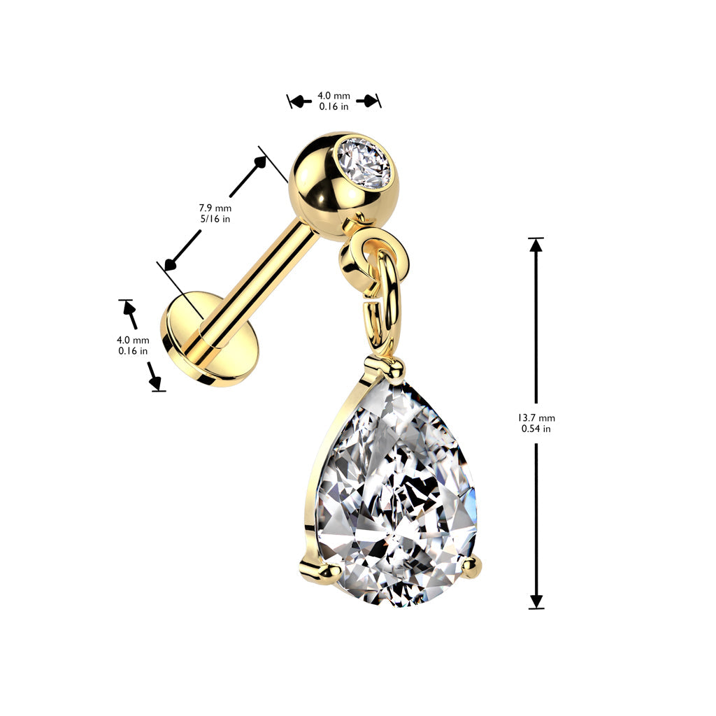 Surgical Steel Threadless CZ Stud with Pear CZ Dangle Top Labret Combo
