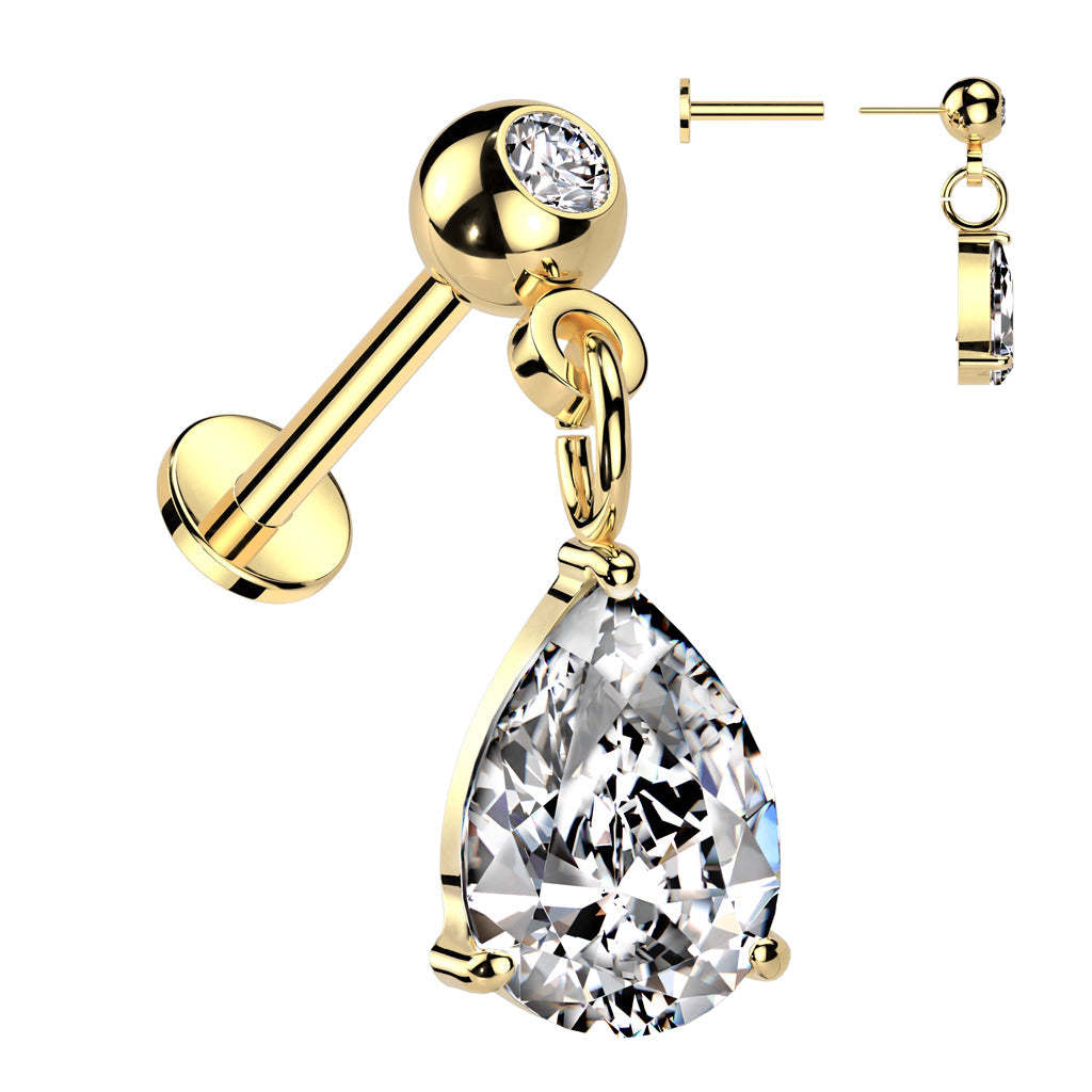 Surgical Steel Threadless CZ Stud with Pear CZ Dangle Top Labret Combo