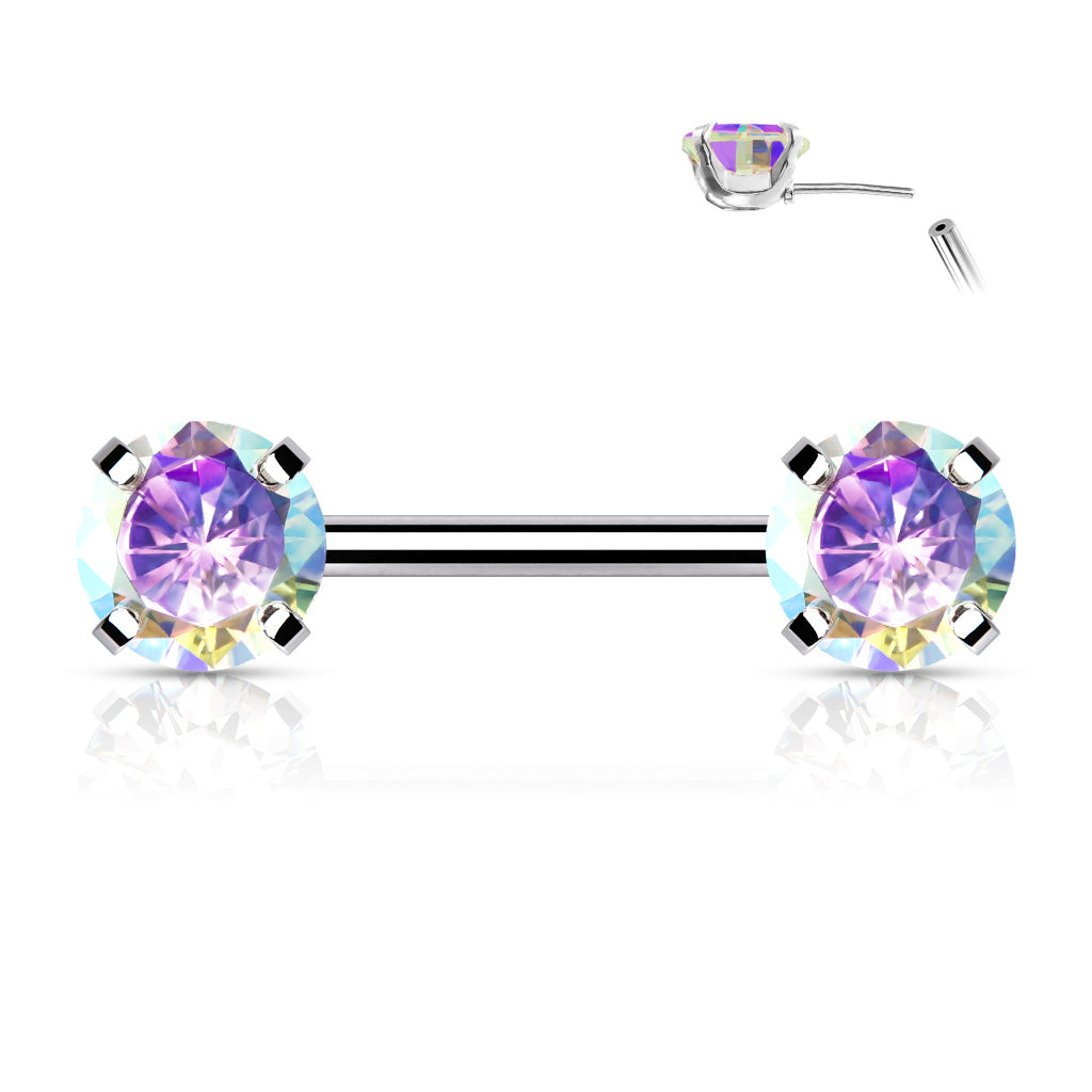 Surgical Steel Threadless Nipple Bar with Prong Set CZ Ends