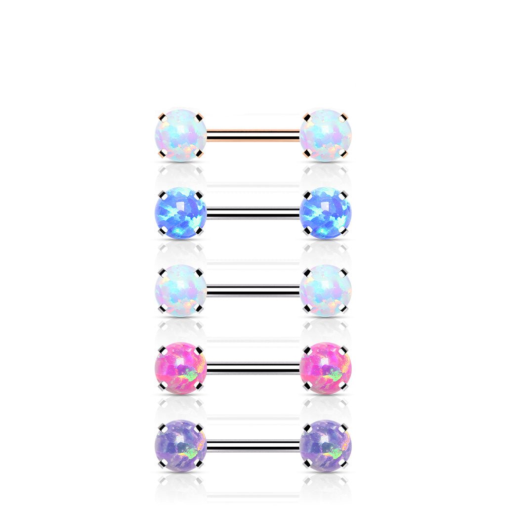 Surgical Steel Threadless Nipple Bar with Prong Set Opal Ends