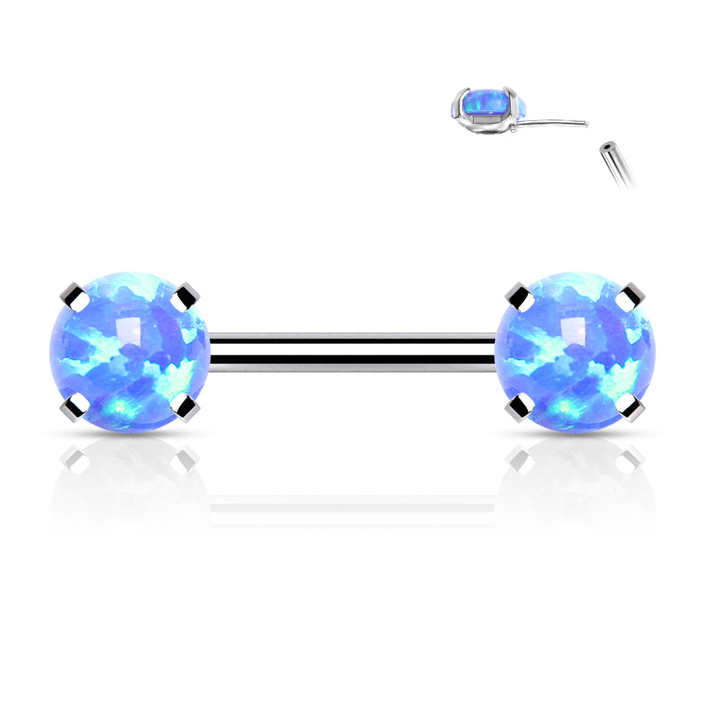 Surgical Steel Threadless Nipple Bar with Prong Set Opal Ends